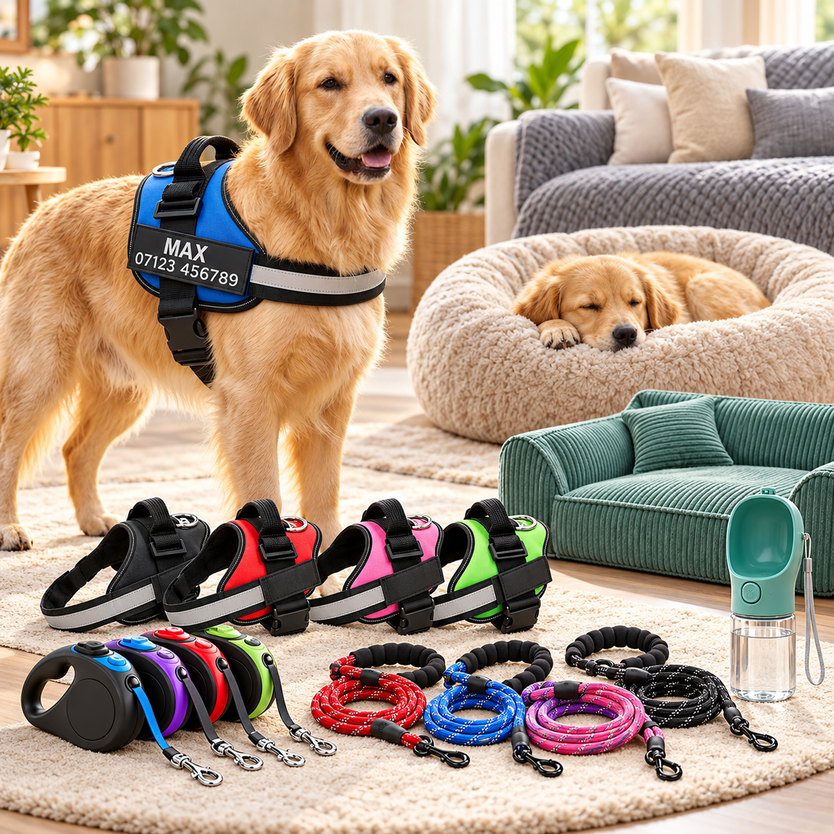 A golden retriever in a personalised blue harness beside the Waggy Tails range of harnesses, leads, dog beds and a water bottle