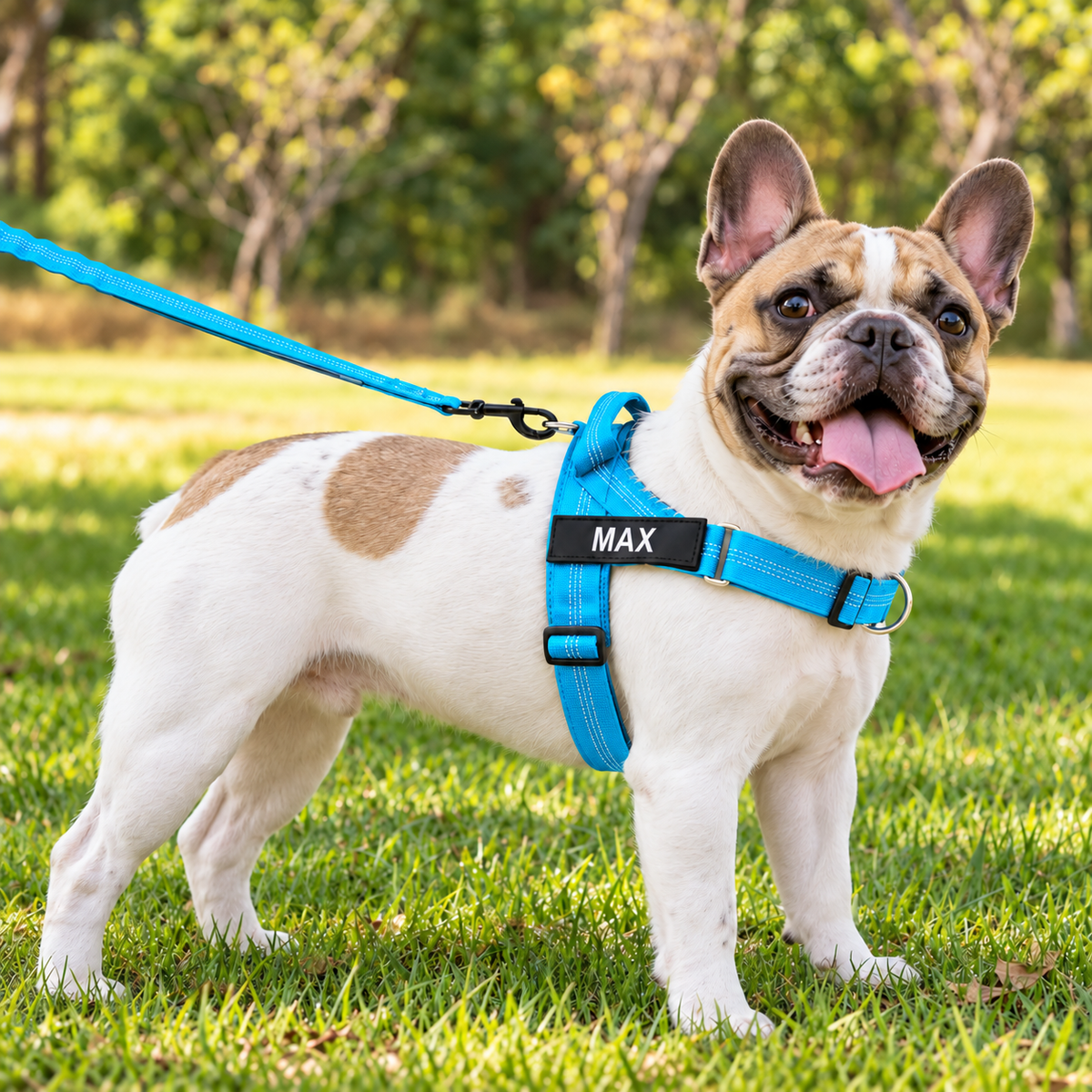 Happy French bulldog on the grass in a blue personalized lightweight harness with a black name patch reading MAX, lead clipped to the rear ring